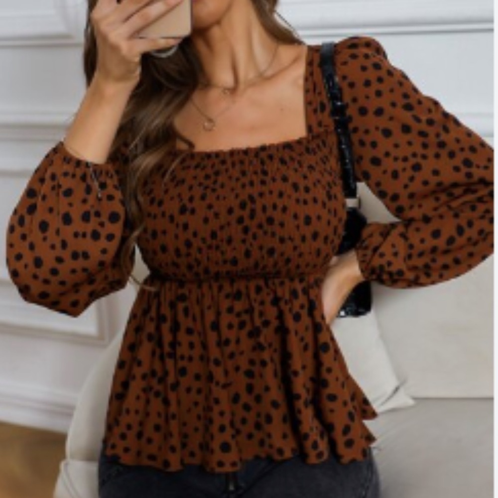 Brown Academia Polka Dot Square Neck Smocked Puff Balloon Sleeve Peplum Top Sz.S